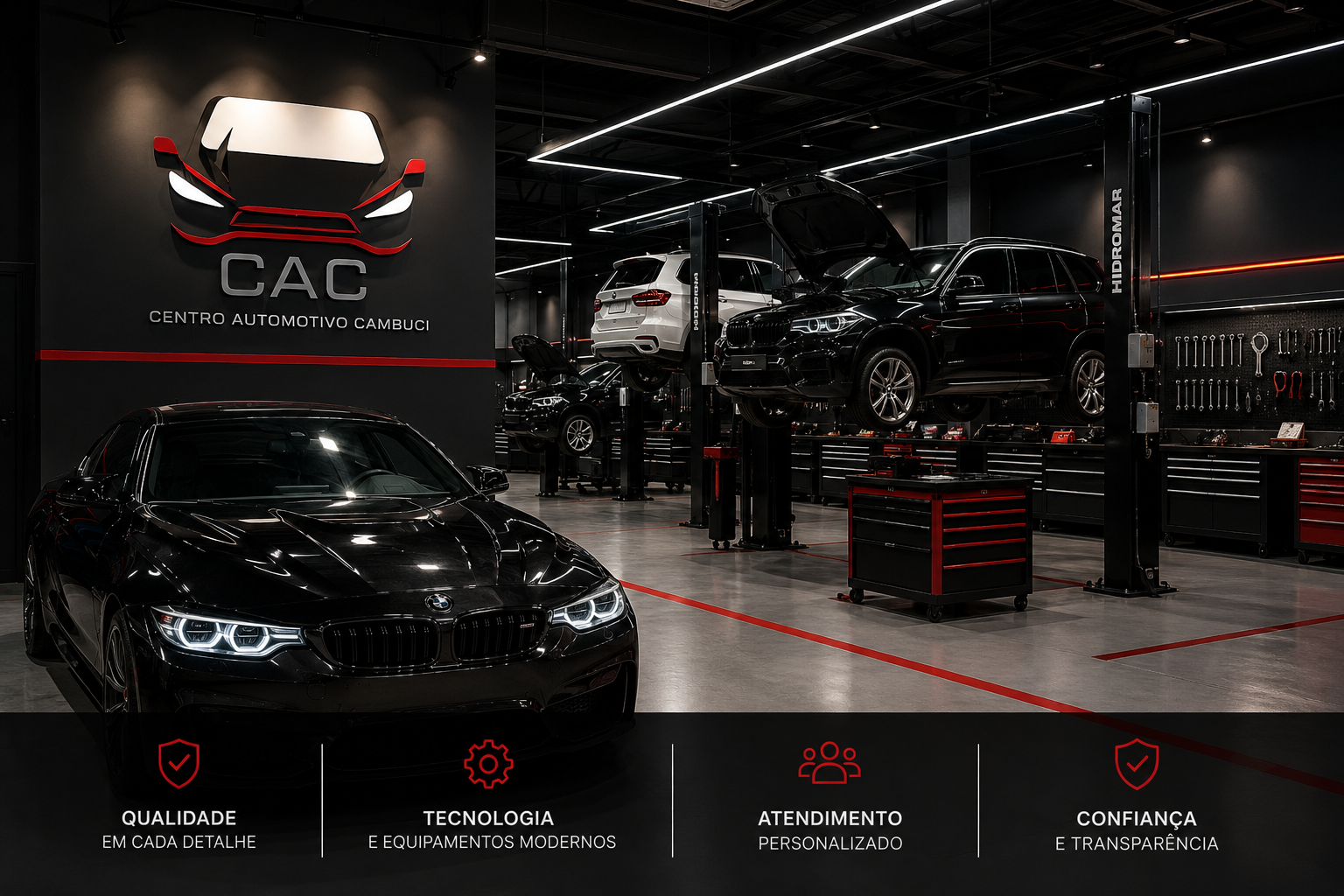 Interior da oficina CAC com veículos em manutenção
